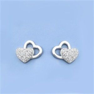 CZ Sterling Silver Double Heart Earrings Pierced Stud 925 NWT